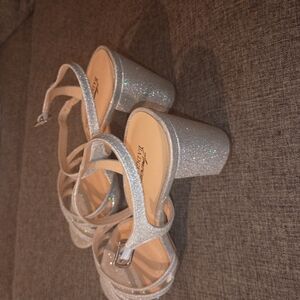 BAMBOO Silver Glitter Block Heel Sandals